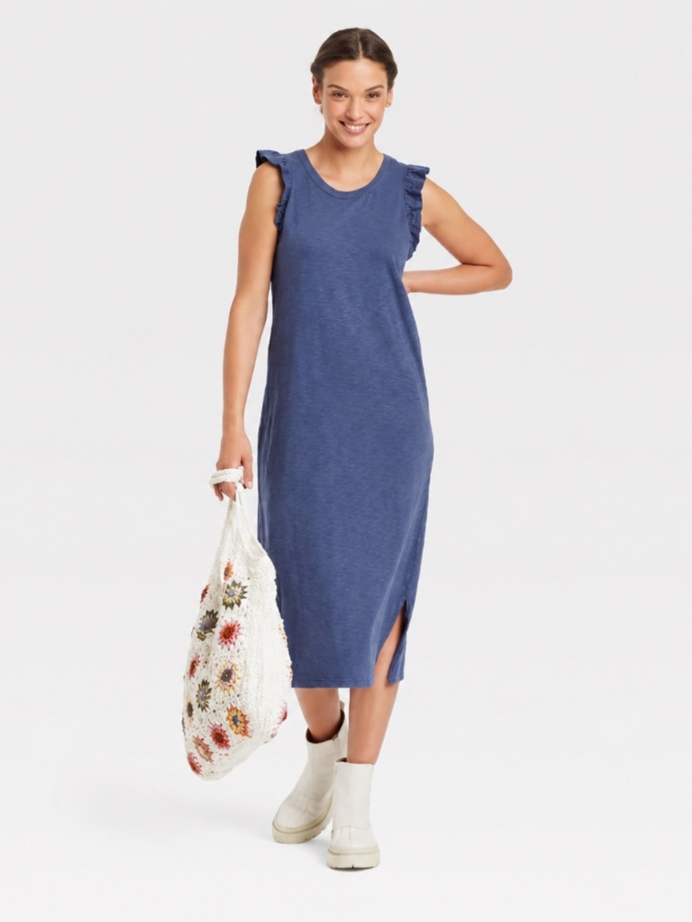 Universal Thread Blue 100% Cotton Ruffle-Sleeve T-Shirt Midi Dress XXL Side Slit